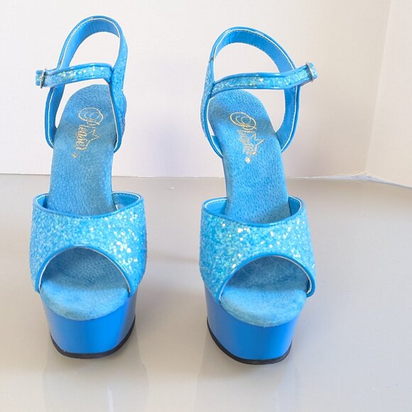 Pleaser Delight 609 Neon Blue Chunky Glitter Peep Toe Platform Stiletto Heels 8 - Picture 7 of 10